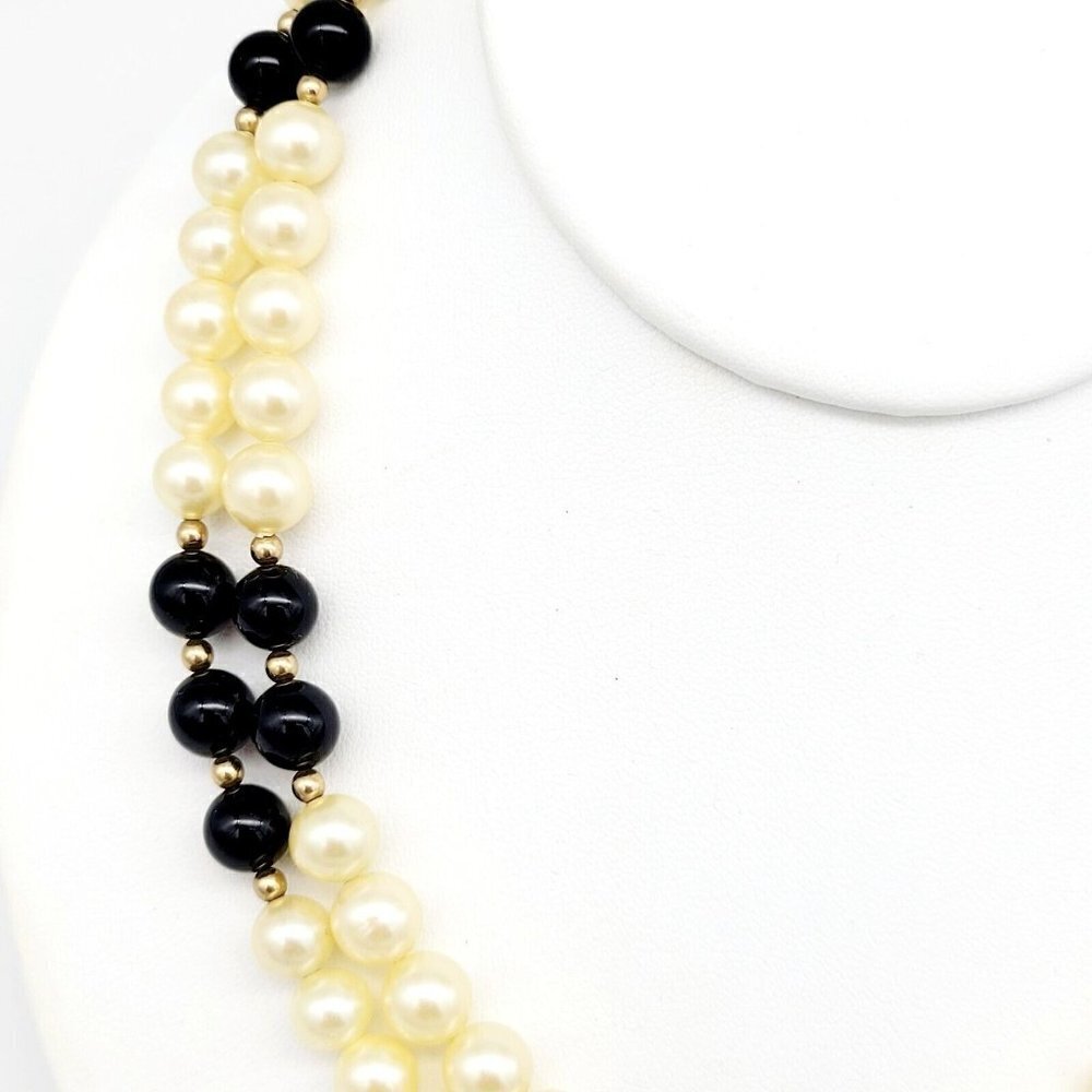 Vtg Glass Faux Pearl Black Beaded Necklace 14/20 Gold Filled Clasp Double Strand - Picture 4 of 9